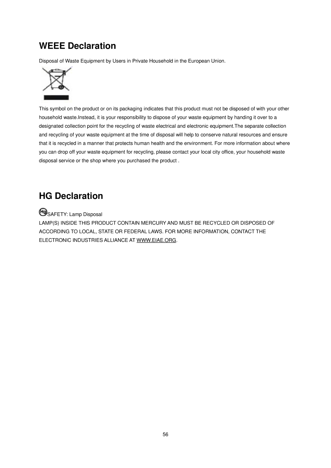 AOC N941SW manual Weee Declaration, HG Declaration 