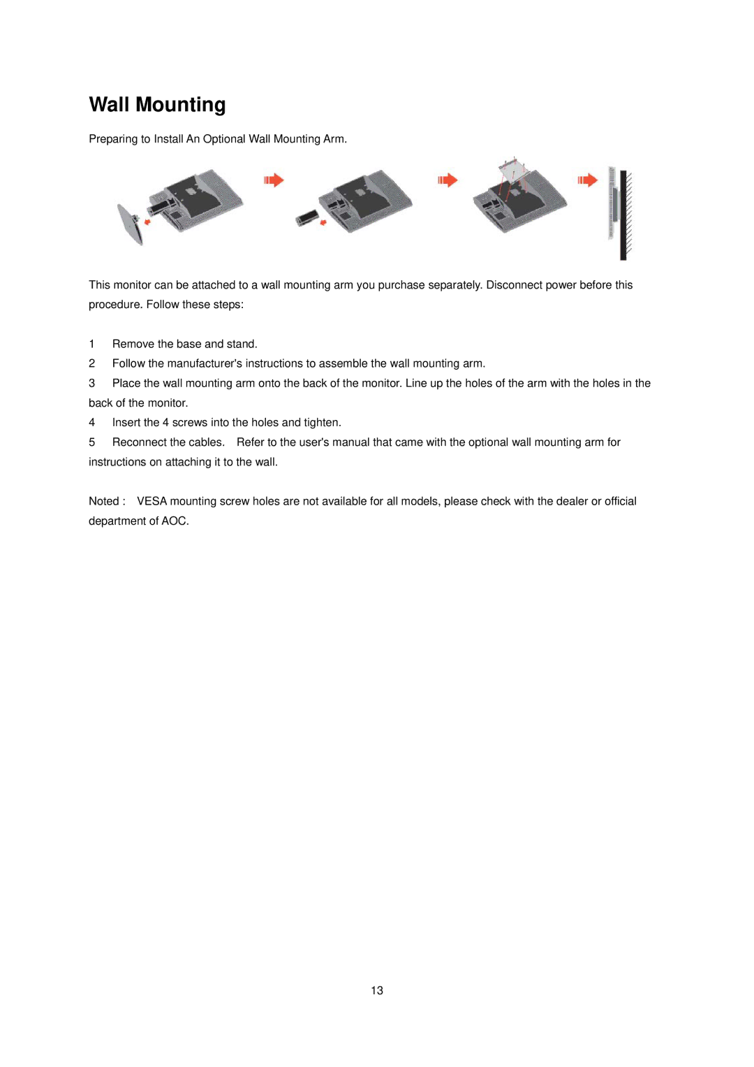 AOC N941SW manual Wall Mounting 