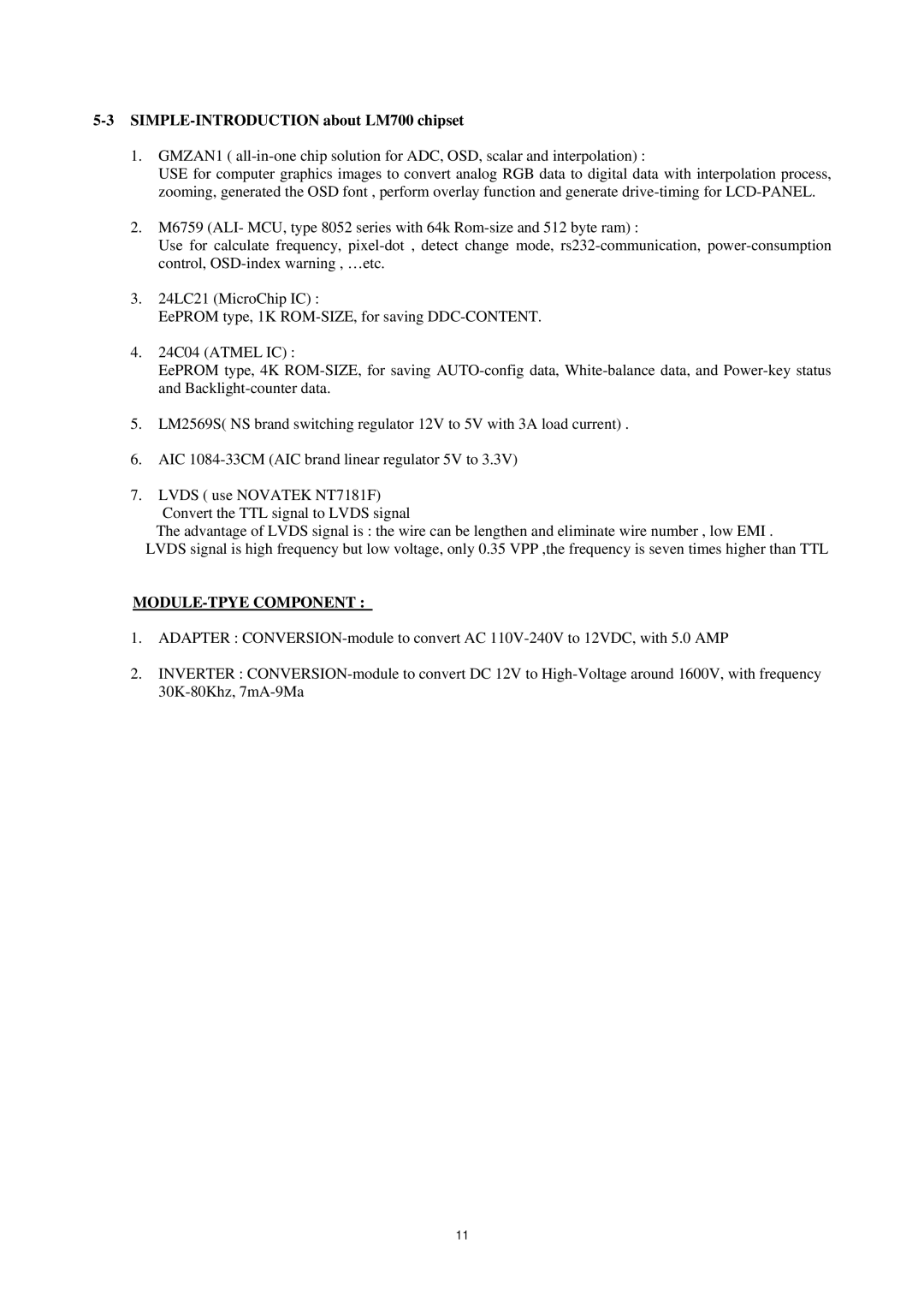 AOC P/N : 41A50-144 service manual SIMPLE-INTRODUCTION about LM700 chipset, MODULE-TPYE Component 