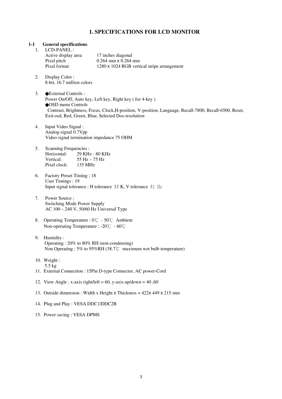 AOC P/N : 41A50-144 service manual Specifications for LCD Monitor, General specifications, Lcd-Panel 