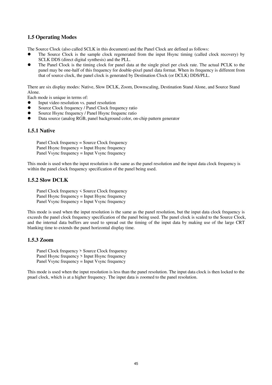 AOC P/N : 41A50-144 service manual Operating Modes, Native, Slow Dclk, Zoom 