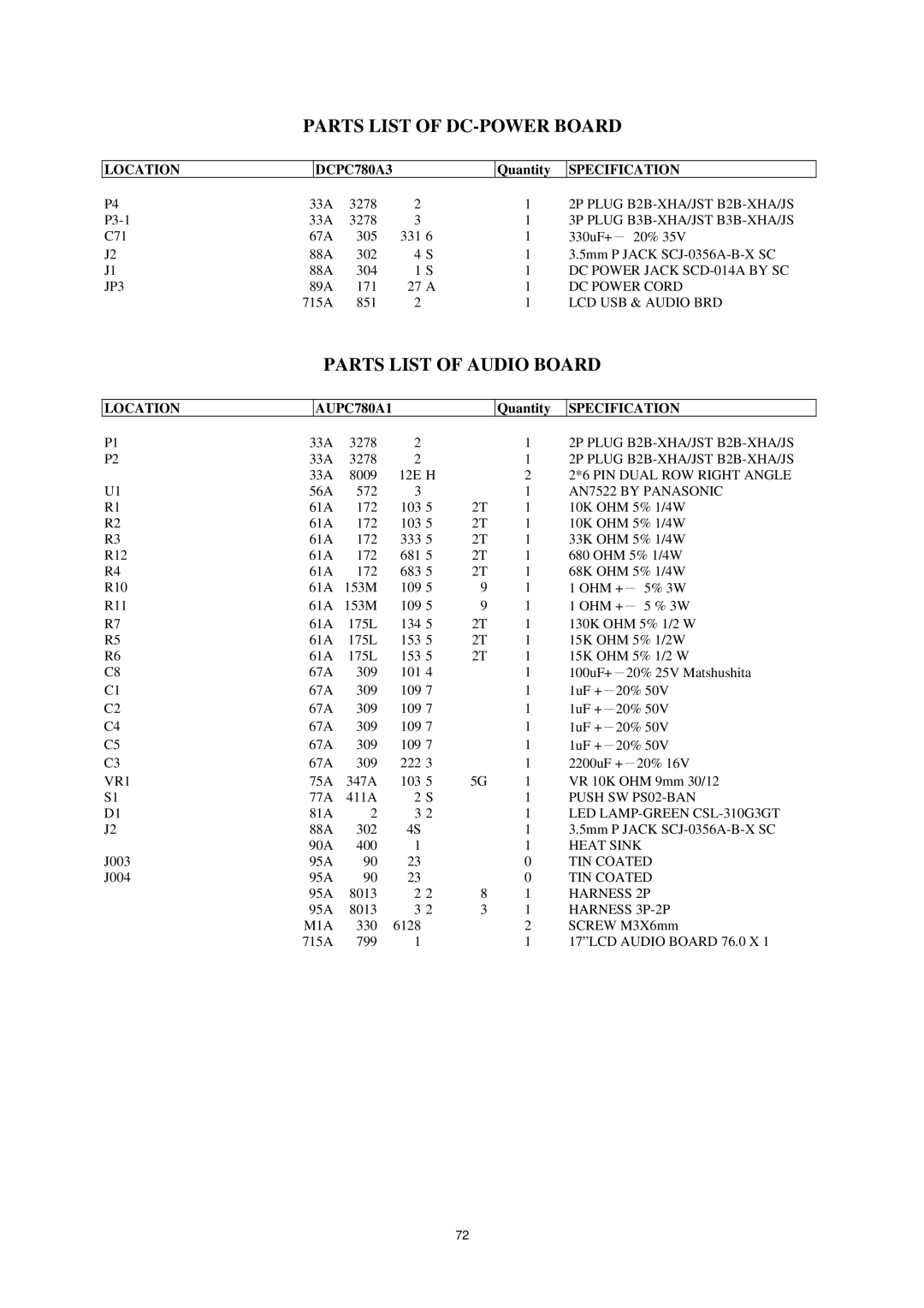 AOC P/N : 41A50-144 service manual Parts List of DC-POWER Board, Parts List of Audio Board 