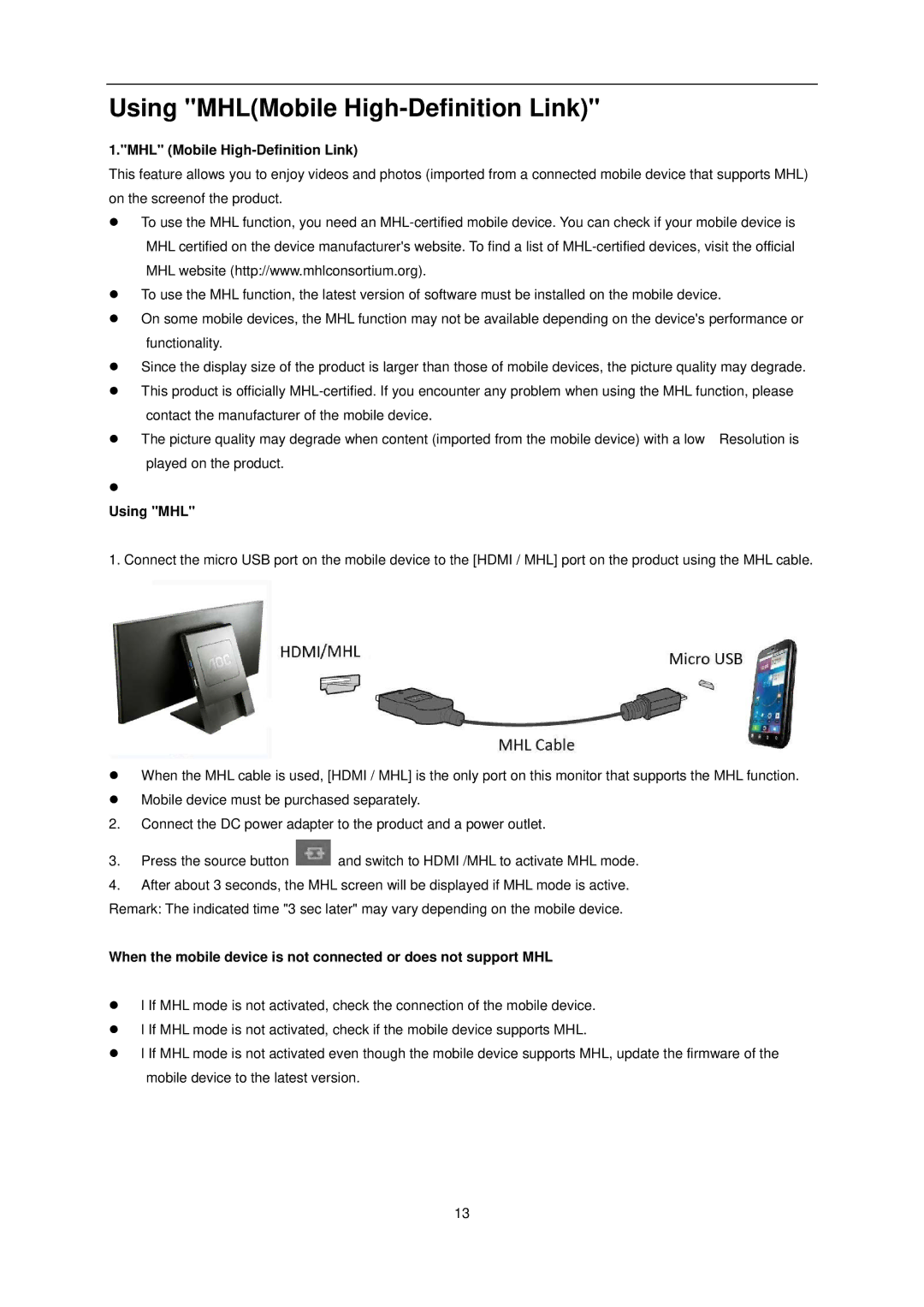 AOC Q2963Pm user manual Using MHLMobile High-Definition Link, MHL Mobile High-Definition Link 