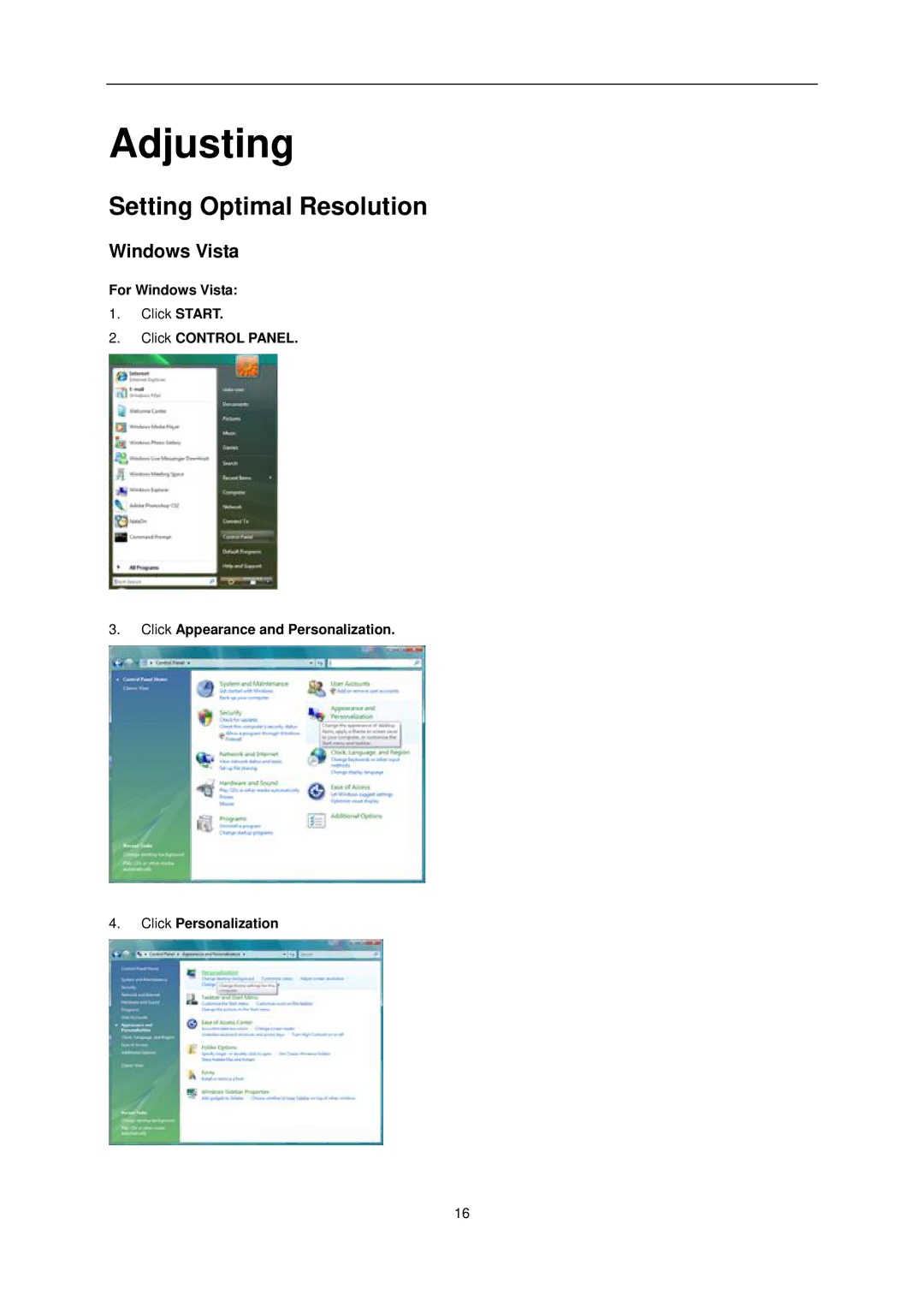 AOC Q2963Pm user manual Adjusting, Setting Optimal Resolution, For Windows Vista 