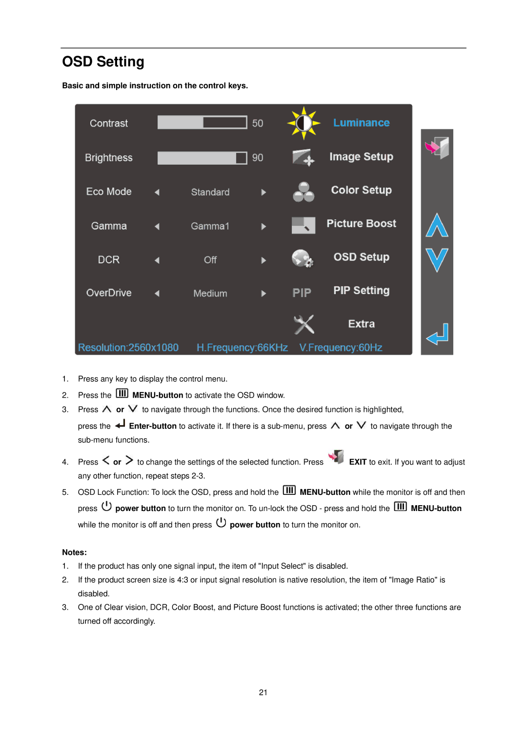 AOC Q2963Pm user manual OSD Setting, Basic and simple instruction on the control keys 