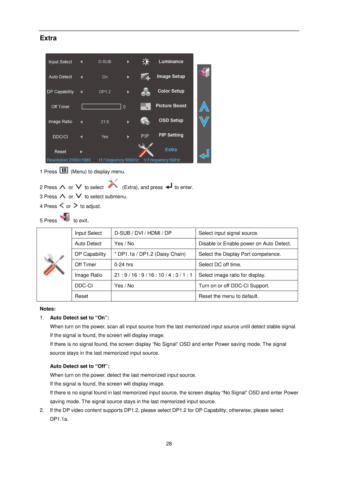 AOC Q2963Pm user manual Extra, Auto Detect set to On, Auto Detect set to Off 