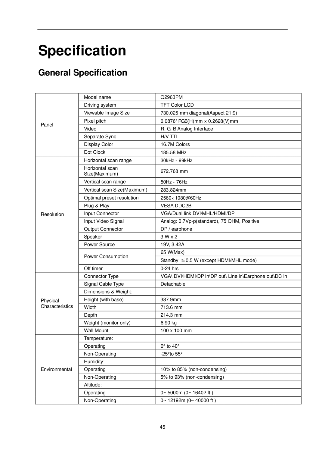 AOC Q2963Pm user manual General Specification 