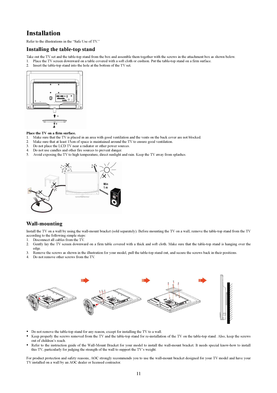 AOC T2242WE, T2442E manual Installation, Installing the table-top stand, Wall-mounting, Place the TV on a firm surface 