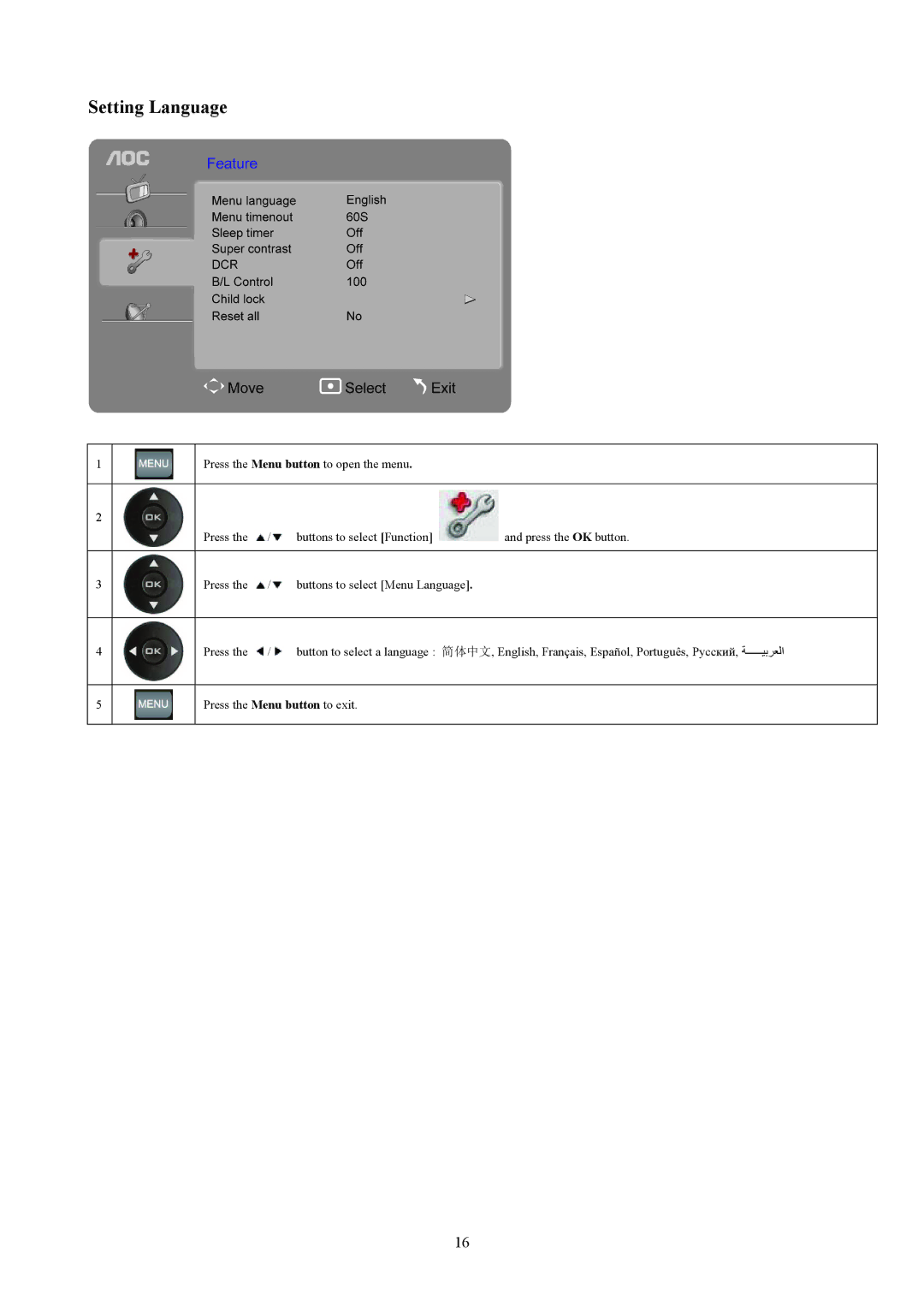 AOC T2442E, T2242WE manual Setting Language 