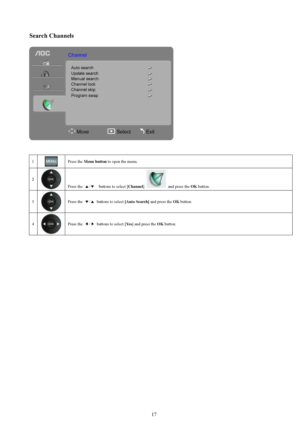 AOC T2242WE, T2442E manual Search Channels 