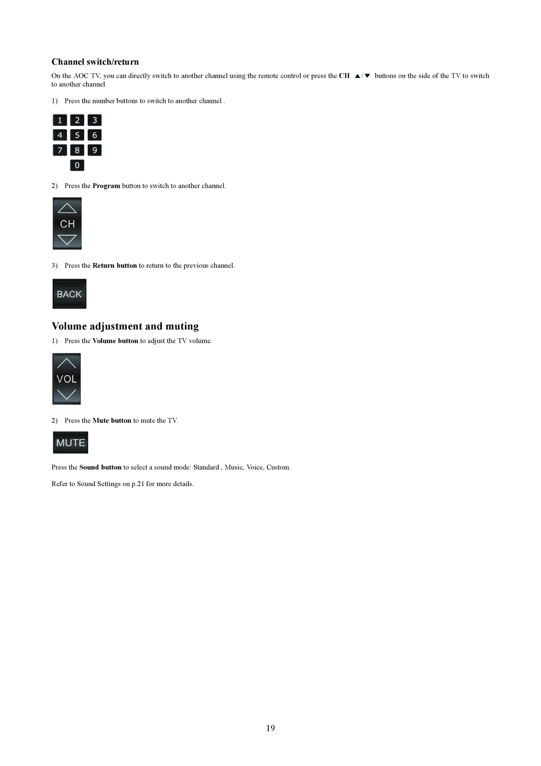 AOC T2242WE, T2442E manual Volume adjustment and muting, Channel switch/return 