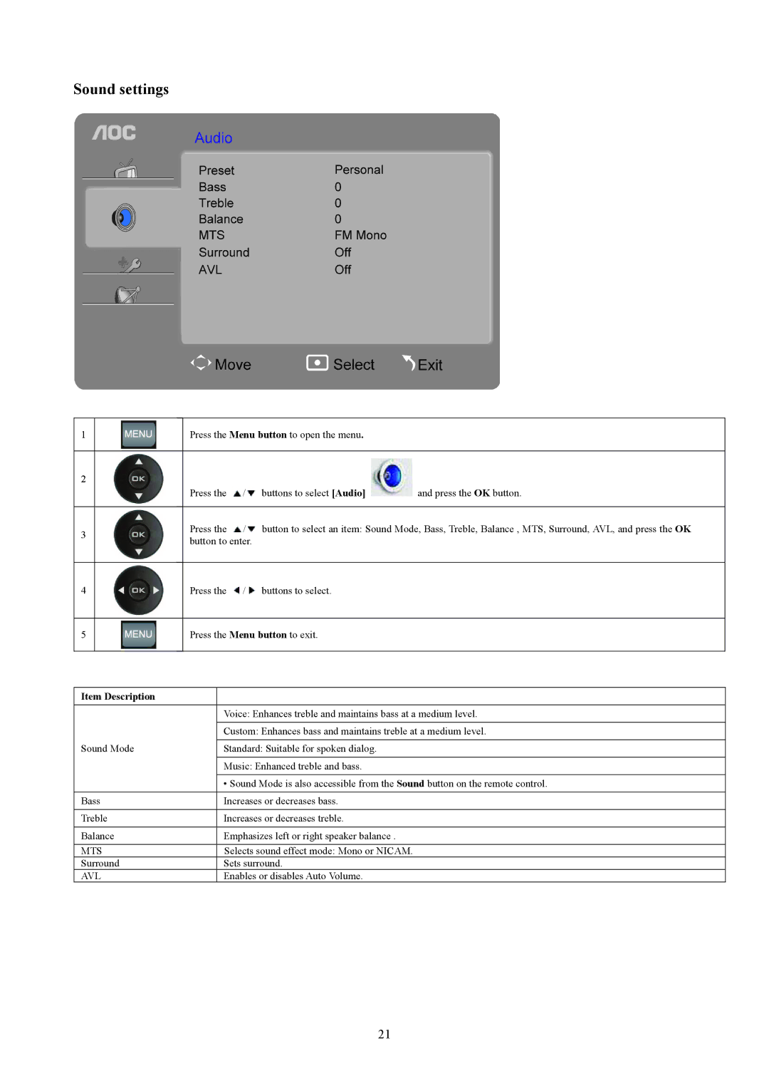 AOC T2242WE, T2442E manual Sound settings 