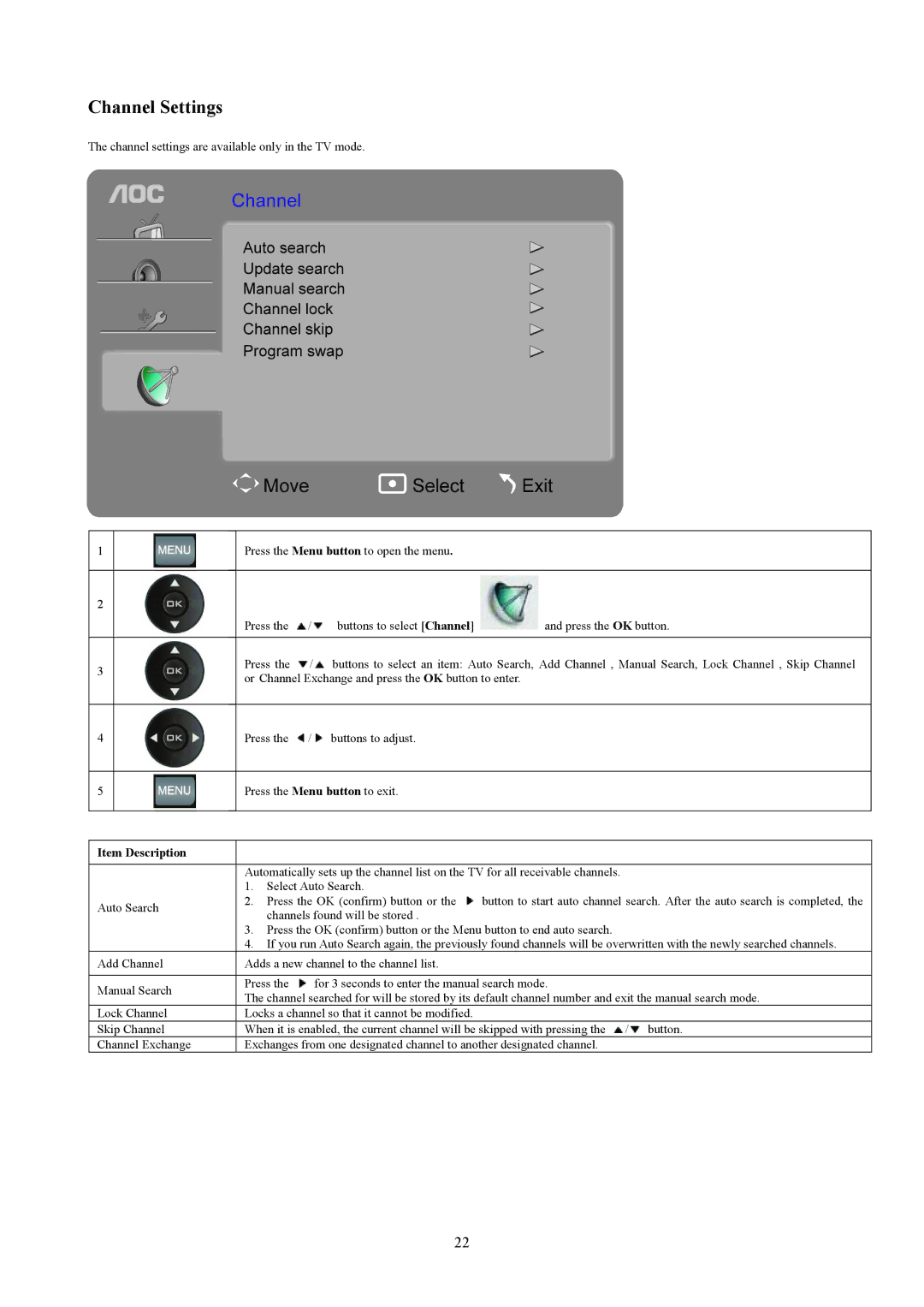 AOC T2442E, T2242WE manual Channel Settings 