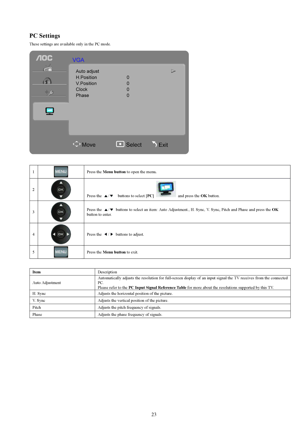 AOC T2242WE, T2442E manual PC Settings 