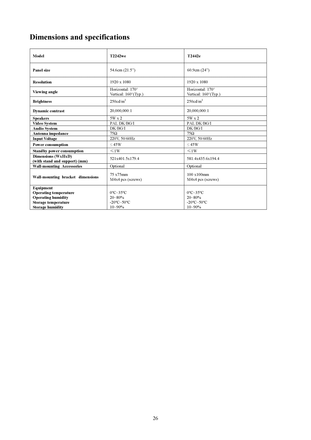 AOC T2442E, T2242WE manual Dimensions and specifications 