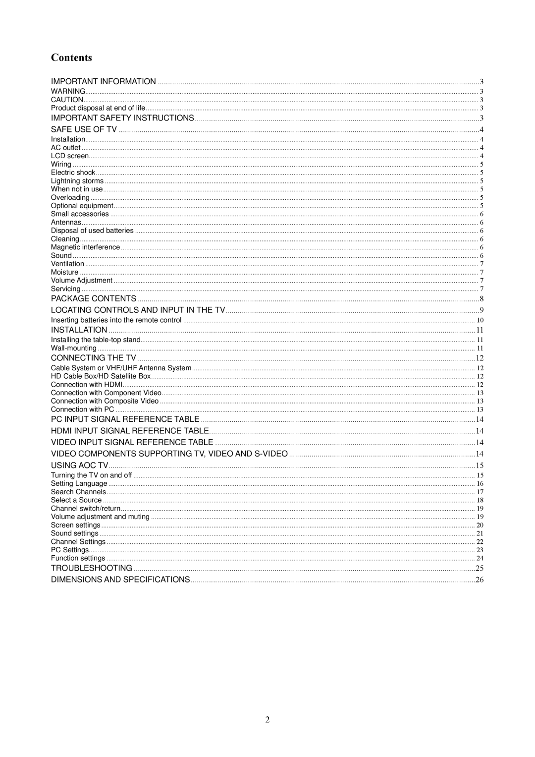 AOC T2442E, T2242WE manual Contents 