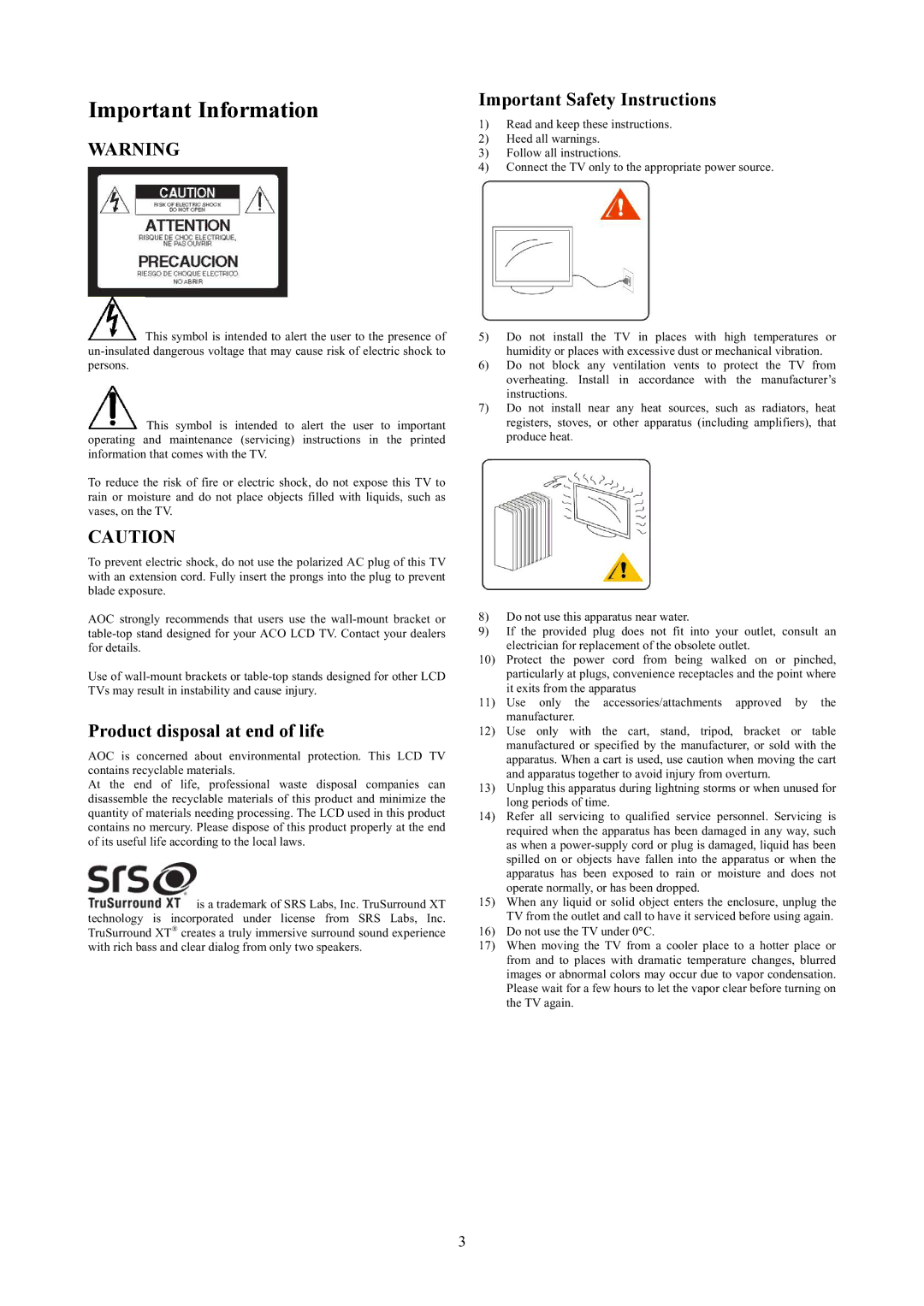 AOC T2242WE, T2442E manual Important Information, Product disposal at end of life, Important Safety Instructions 