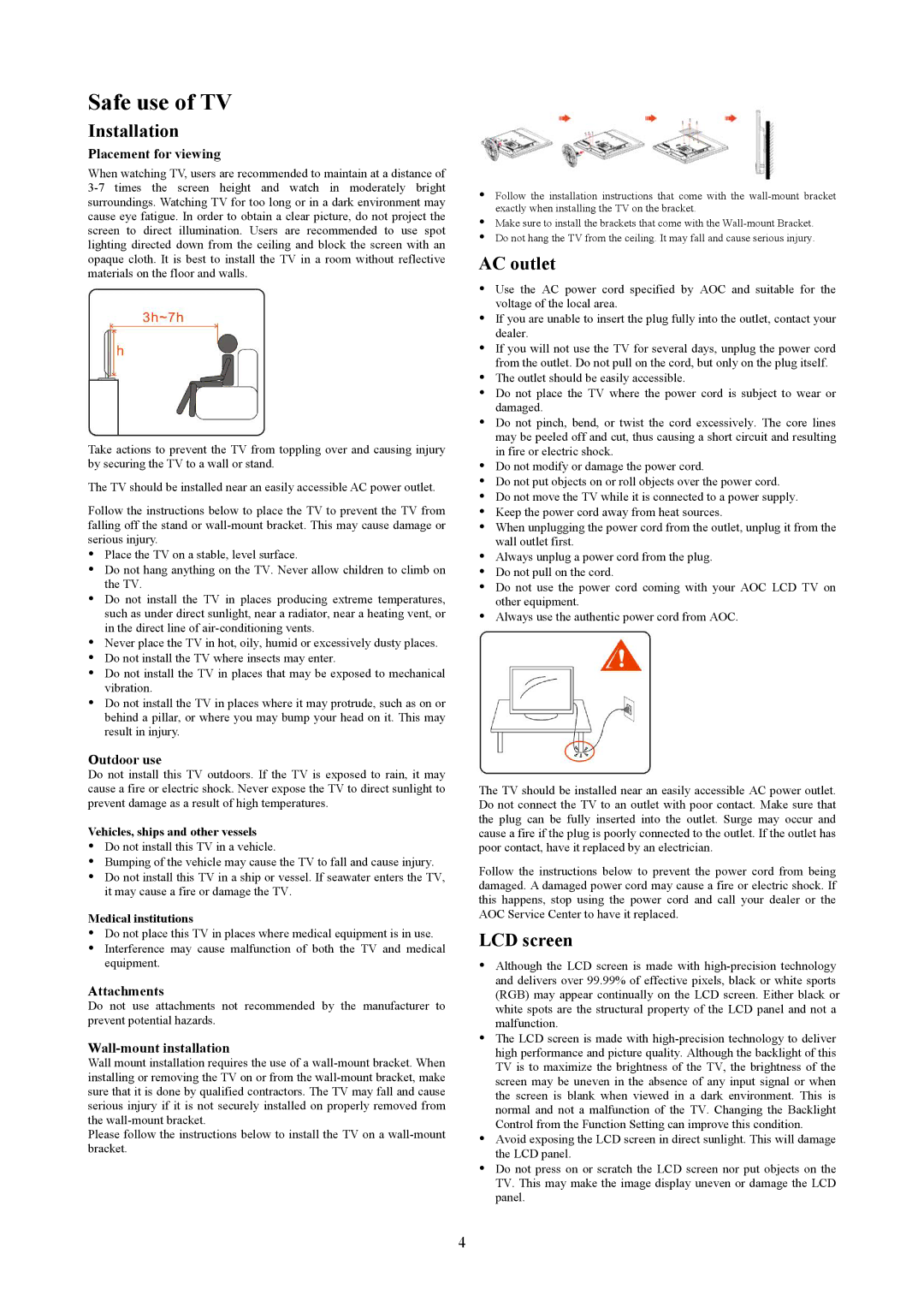 AOC T2442E, T2242WE manual Safe use of TV, Installation, AC outlet, LCD screen 