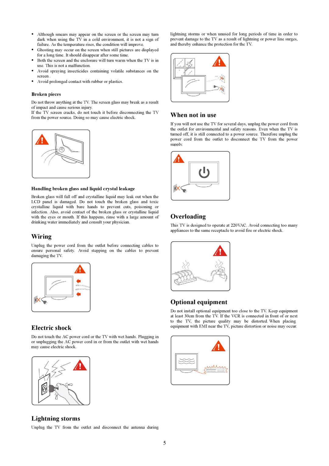 AOC T2242WE, T2442E manual Wiring, Electric shock, Lightning storms, When not in use, Overloading, Optional equipment 