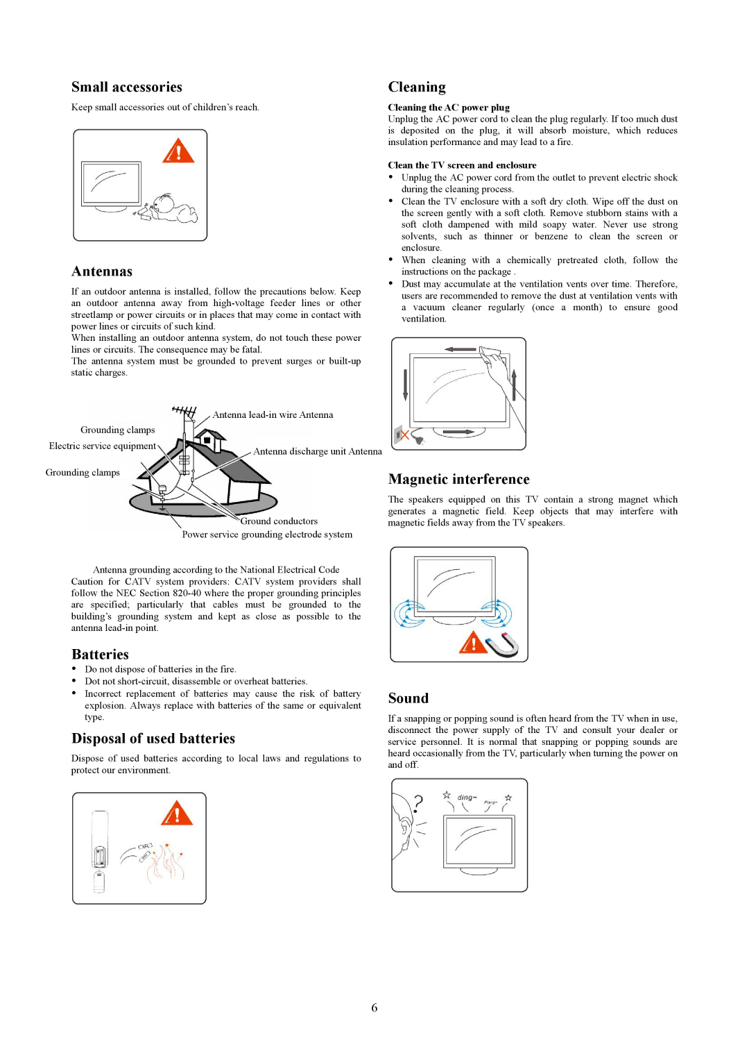 AOC T2442E manual Small accessories Cleaning, Antennas, Magnetic interference, Batteries, Disposal of used batteries, Sound 