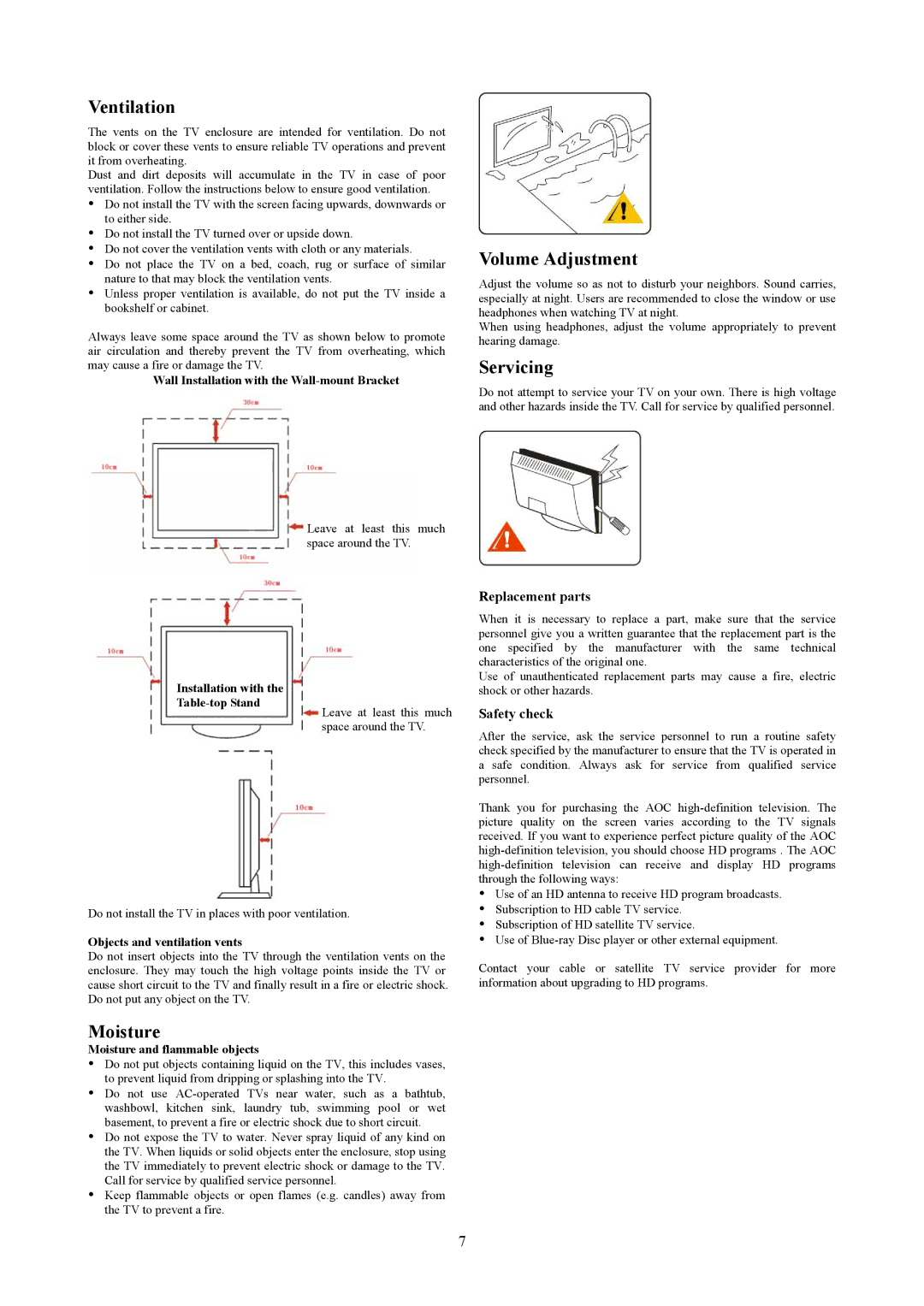 AOC T2242WE, T2442E manual Ventilation, Volume Adjustment, Servicing, Moisture 