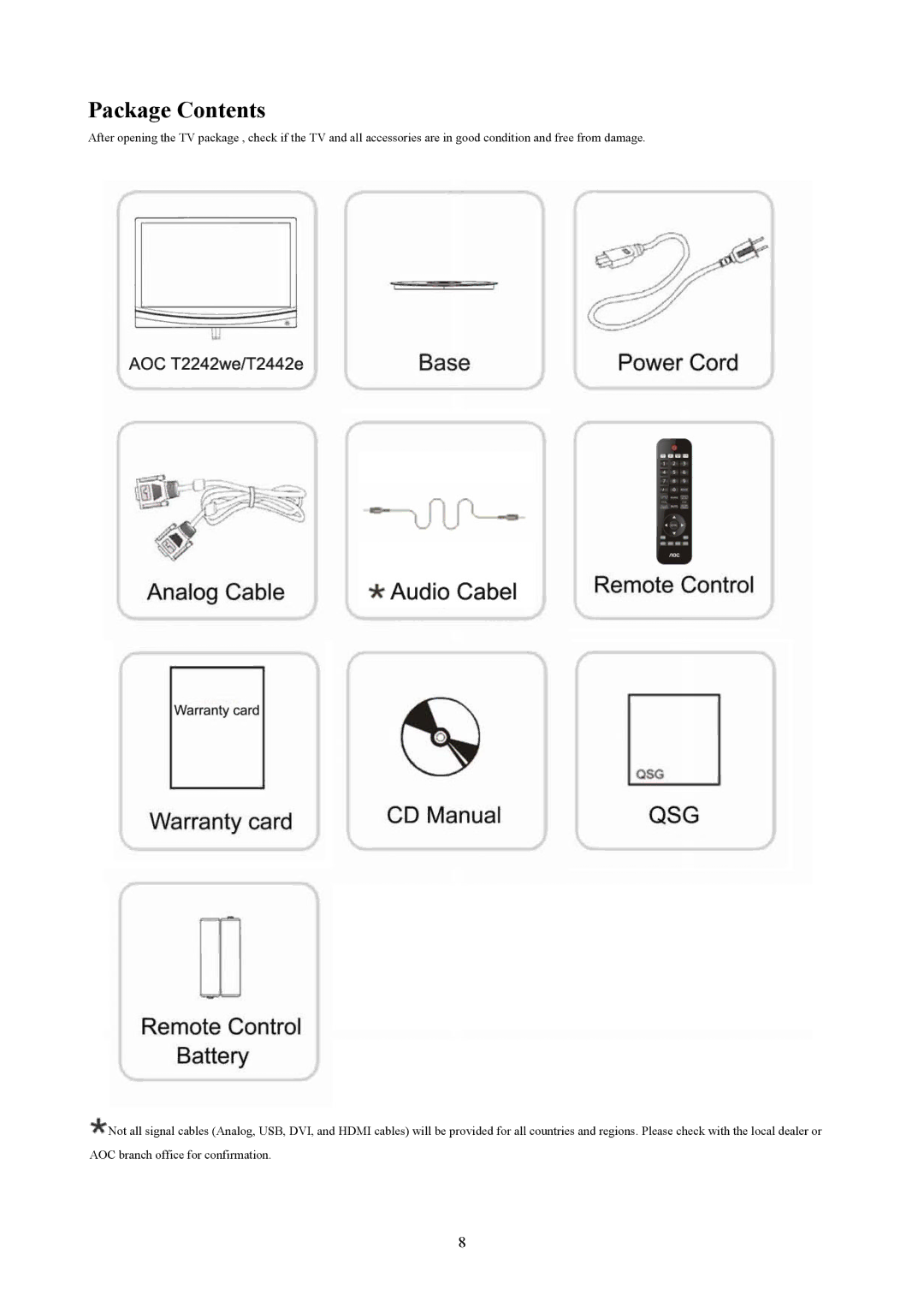 AOC T2442E, T2242WE manual Package Contents 