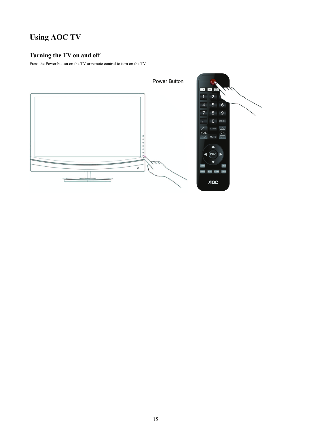 AOC T2242WE, T2442E manual Using AOC TV, Turning the TV on and off 