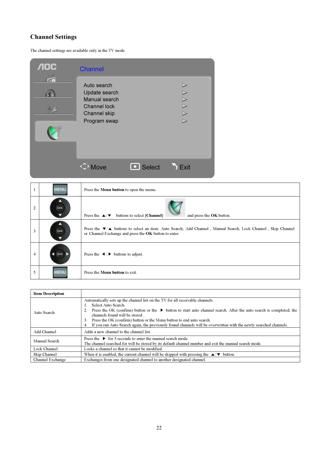AOC T2442E, T2242WE manual Channel Settings, Item Description, and press the OK button 