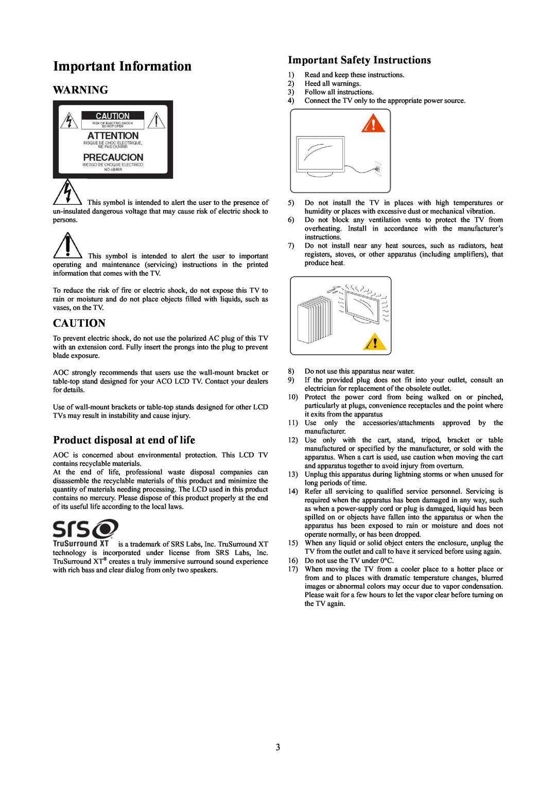AOC T2242WE, T2442E manual Important Information, Product disposal at end of life, Important Safety Instructions 
