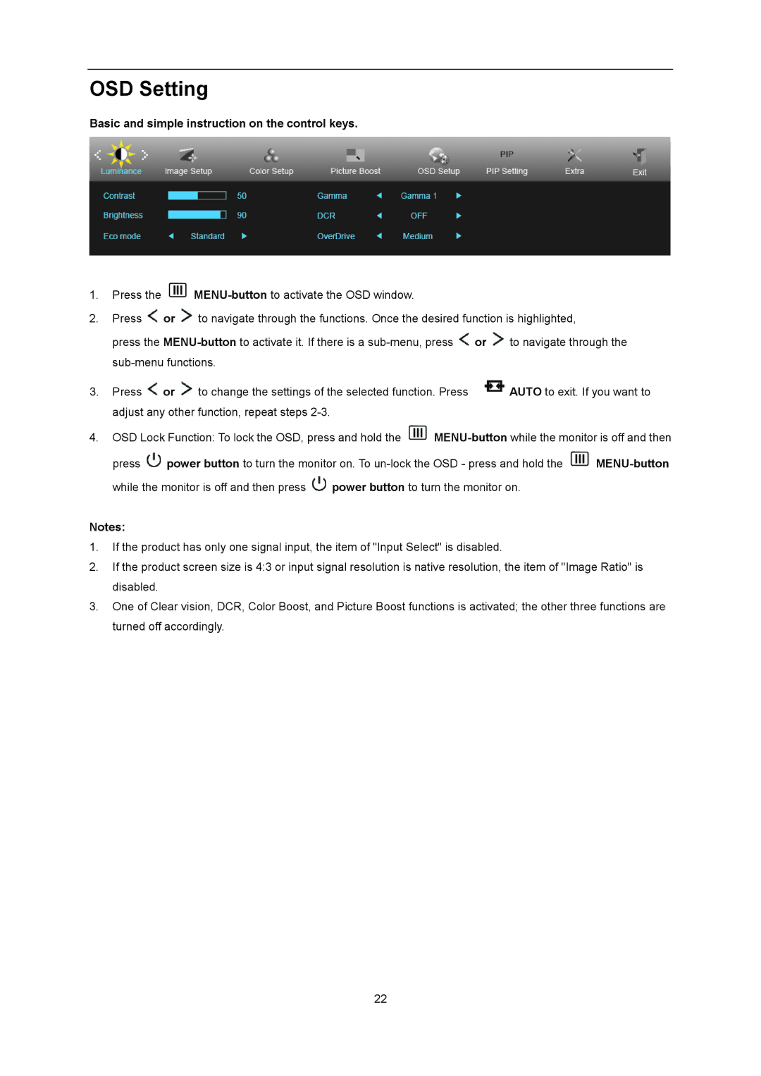 AOC U2868PQU user manual OSD Setting, Basic and simple instruction on the control keys 