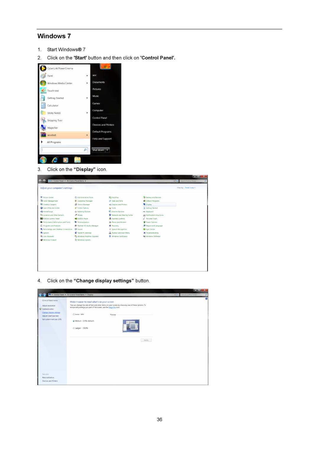 AOC U2868PQU user manual Windows, Click on the Change display settings button 