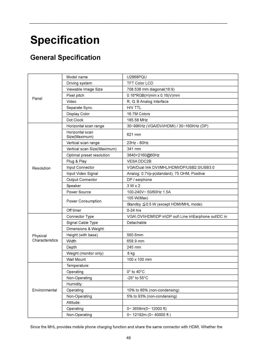 AOC U2868PQU user manual General Specification 