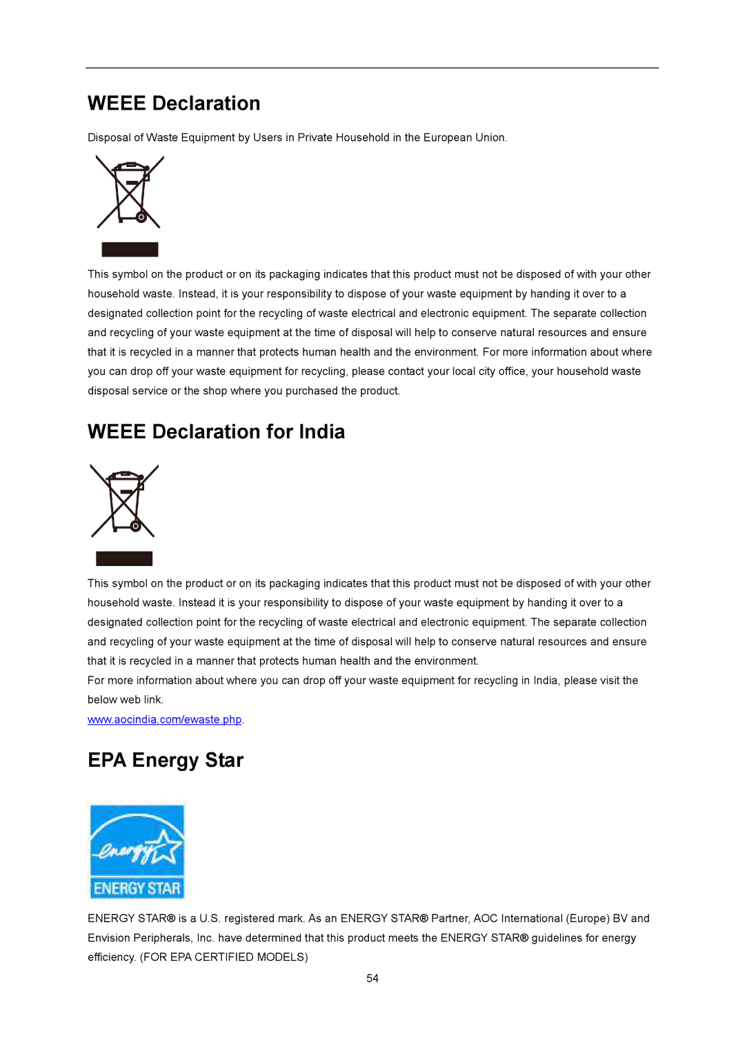 AOC U2868PQU user manual Weee Declaration for India, EPA Energy Star 