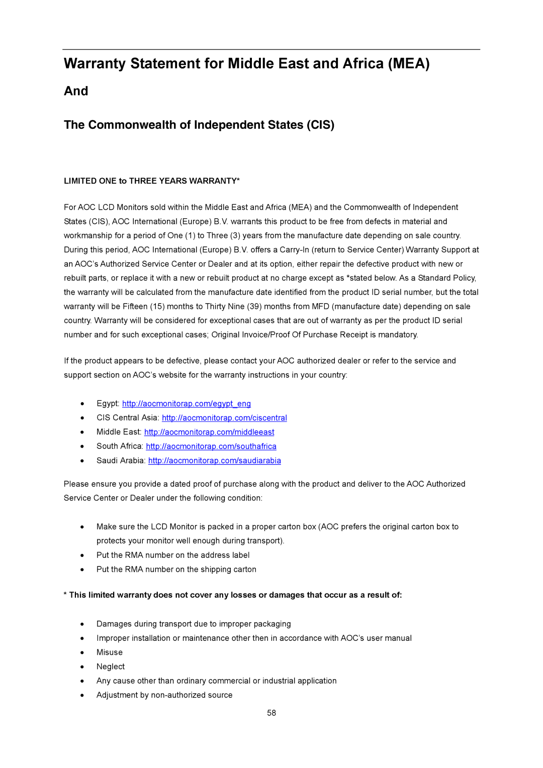 AOC U2868PQU user manual Warranty Statement for Middle East and Africa MEA, Limited ONE to Three Years Warranty 