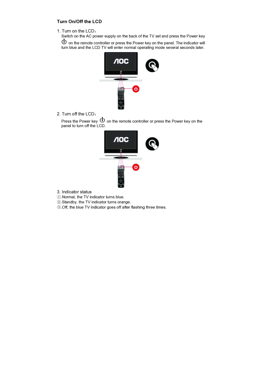 AOC V22t, V24t user manual Turn On/Off the LCD 