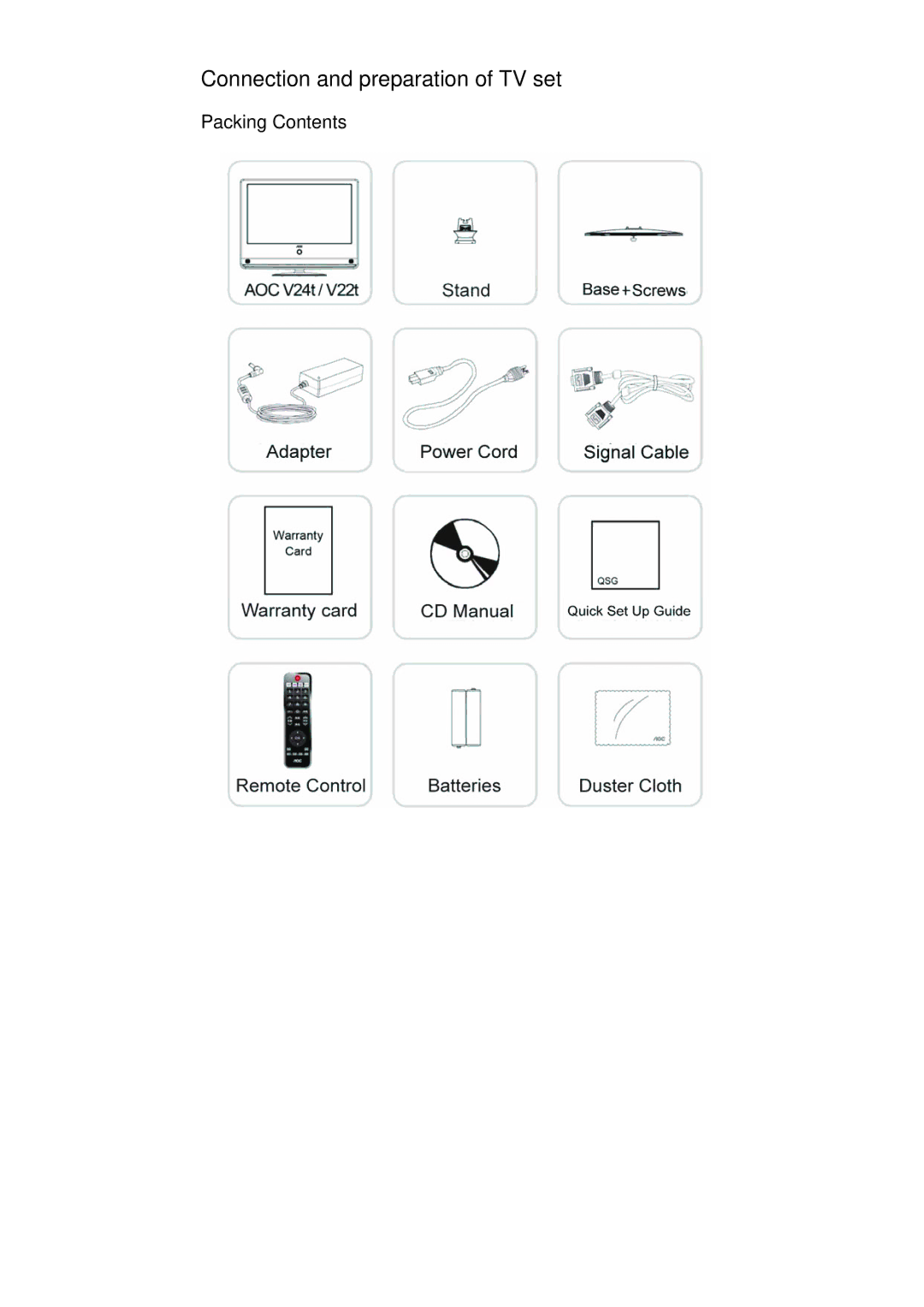 AOC V22t, V24t user manual Packing Contents 