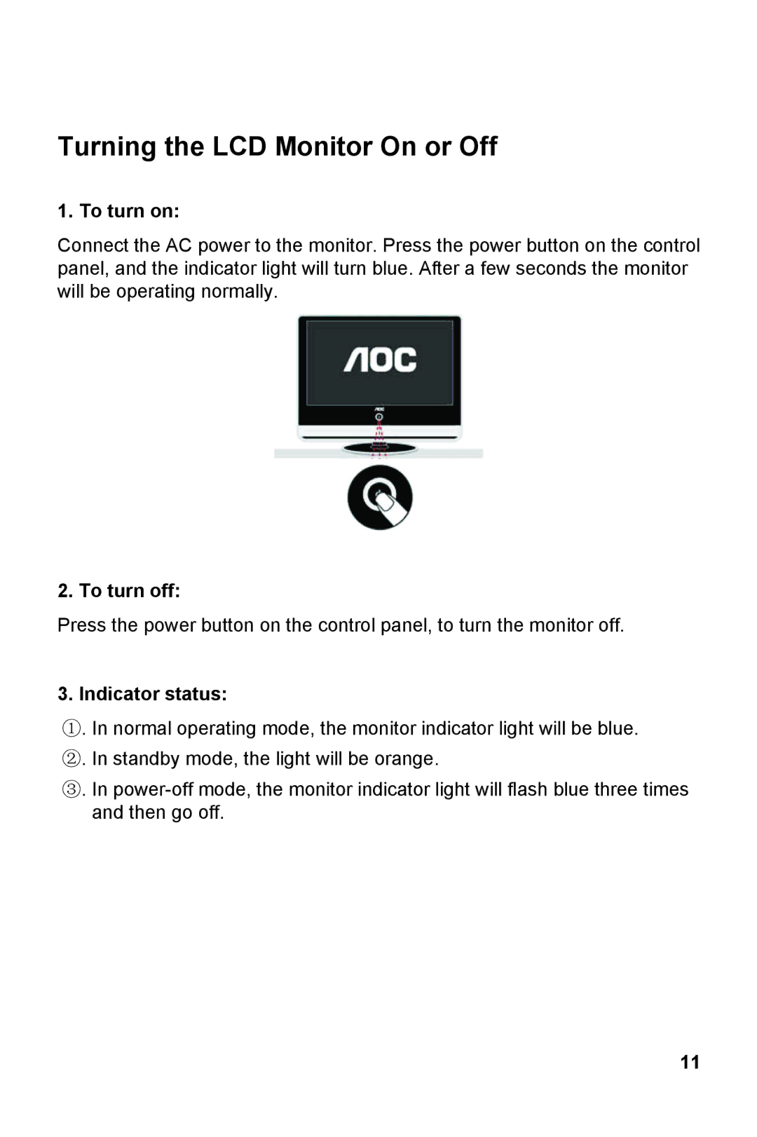 AOC V27M manual Turning the LCD Monitor On or Off, To turn on 