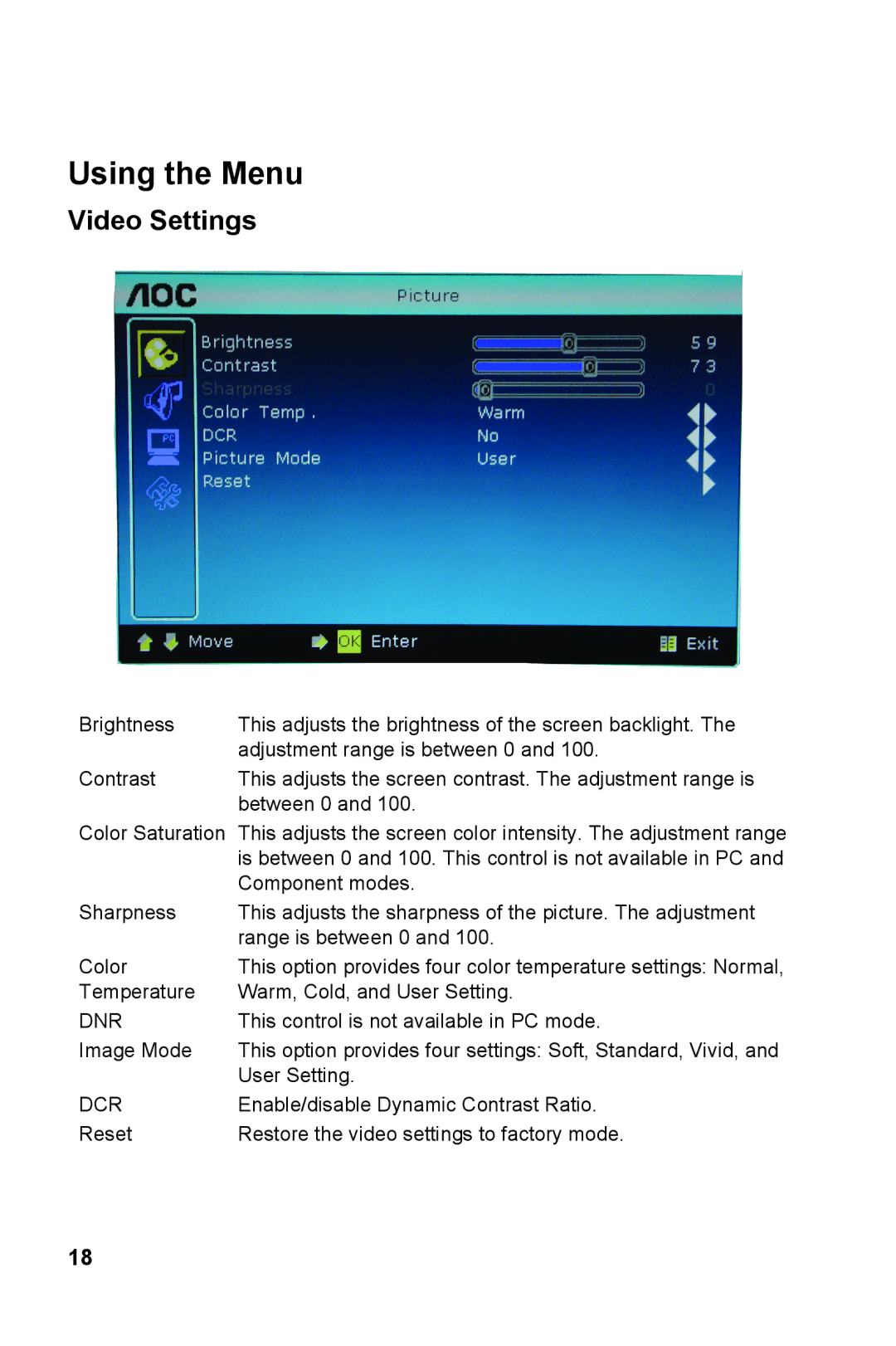 AOC V27M manual Video Settings, Dnr 