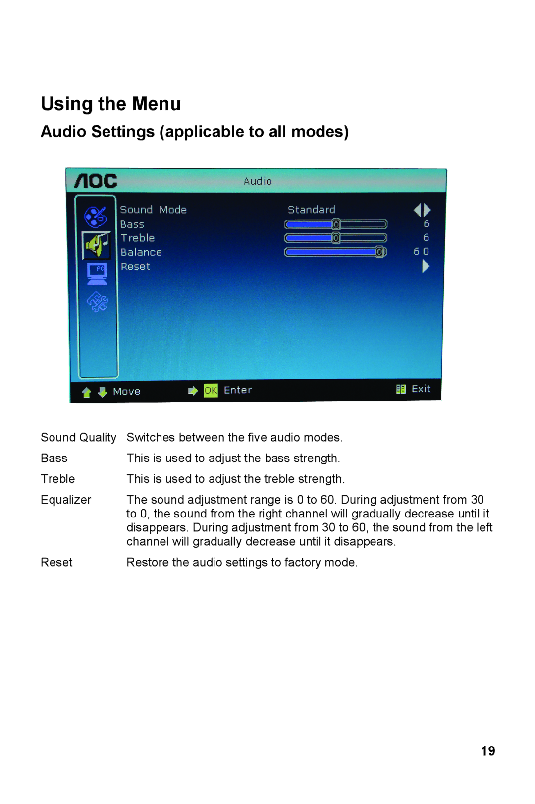 AOC V27M manual Audio Settings applicable to all modes 