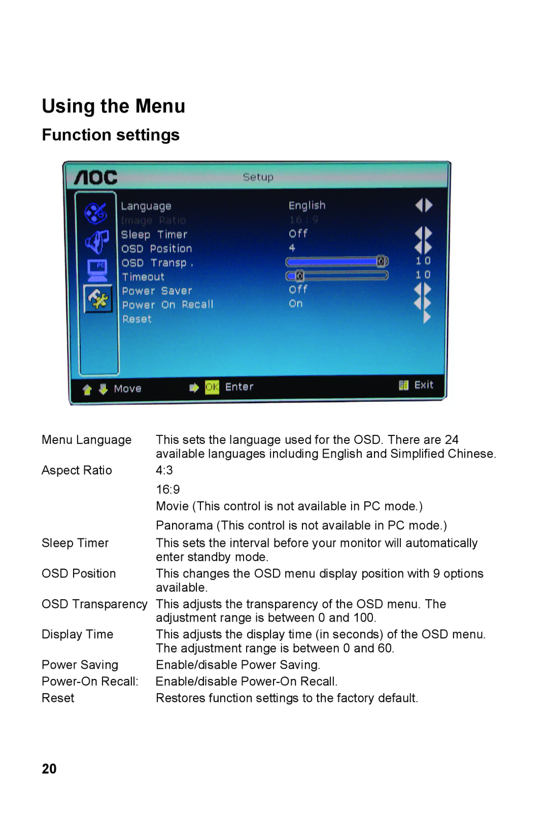 AOC V27M manual Function settings 