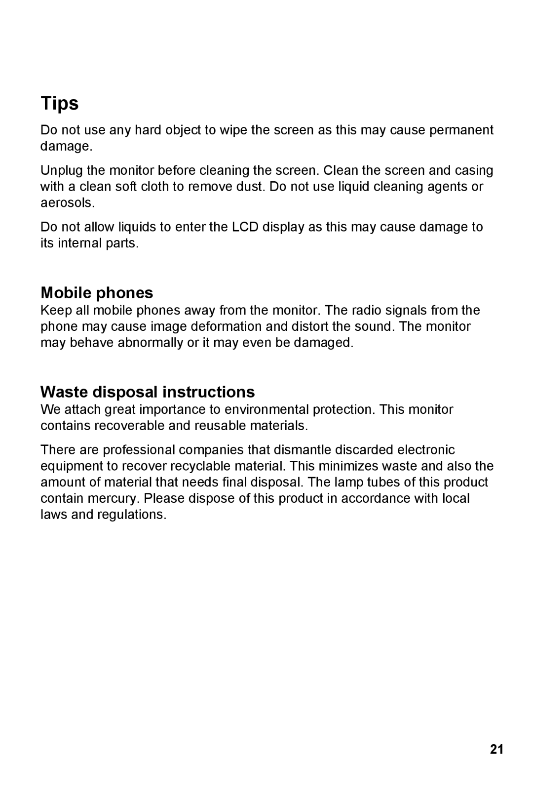 AOC V27M manual Tips, Mobile phones, Waste disposal instructions 