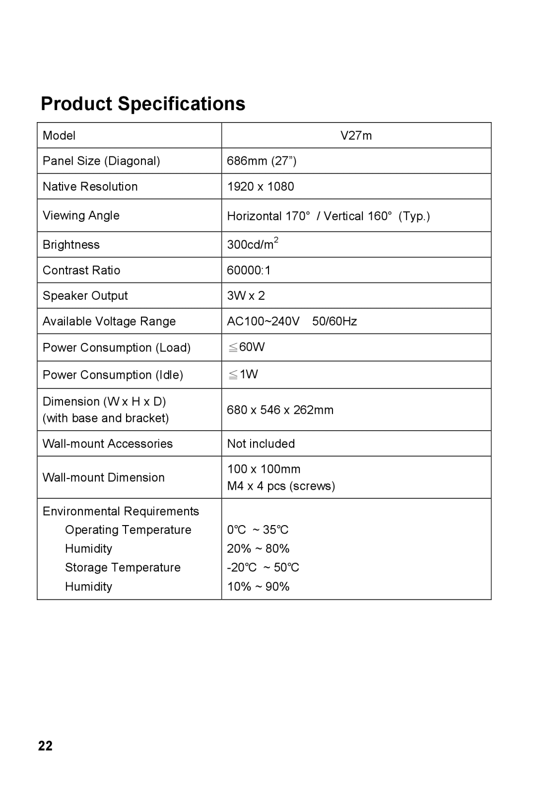 AOC V27M manual Product Specifications 