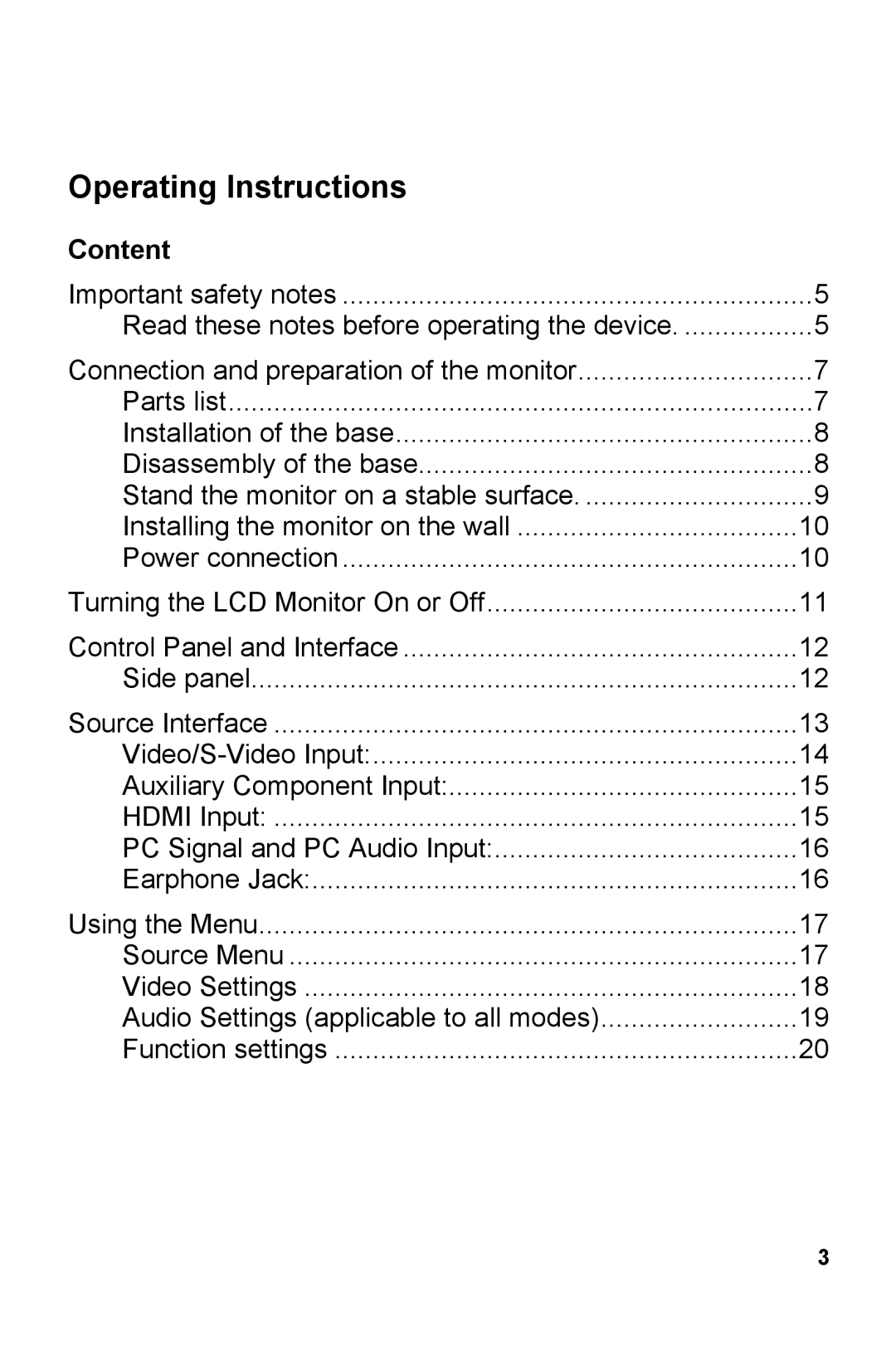 AOC V27M manual Operating Instructions, Content 