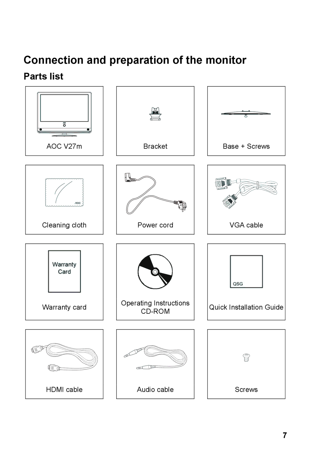 AOC V27M manual Connection and preparation of the monitor, Parts list 