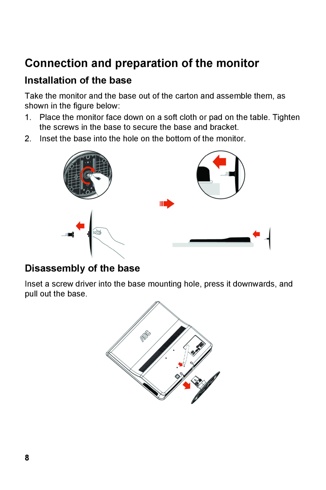 AOC V27M manual Installation of the base, Disassembly of the base 