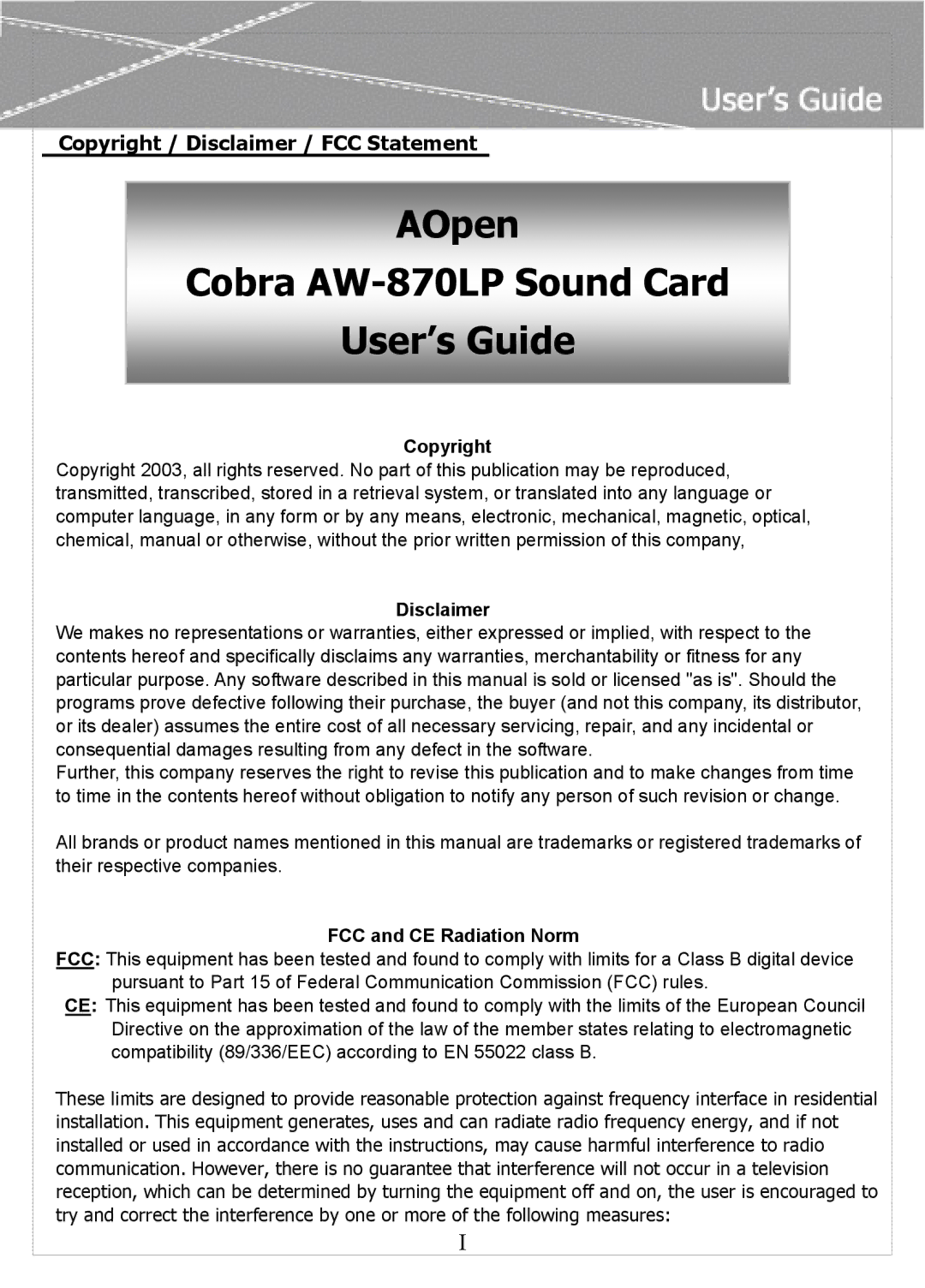 AOpen manual AOpen Cobra AW-870LP Sound Card User’s Guide 