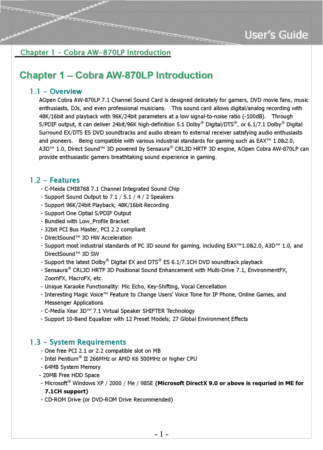 AOpen manual Cobra AW-870LP Introduction, Overview, Features, System Requirements 