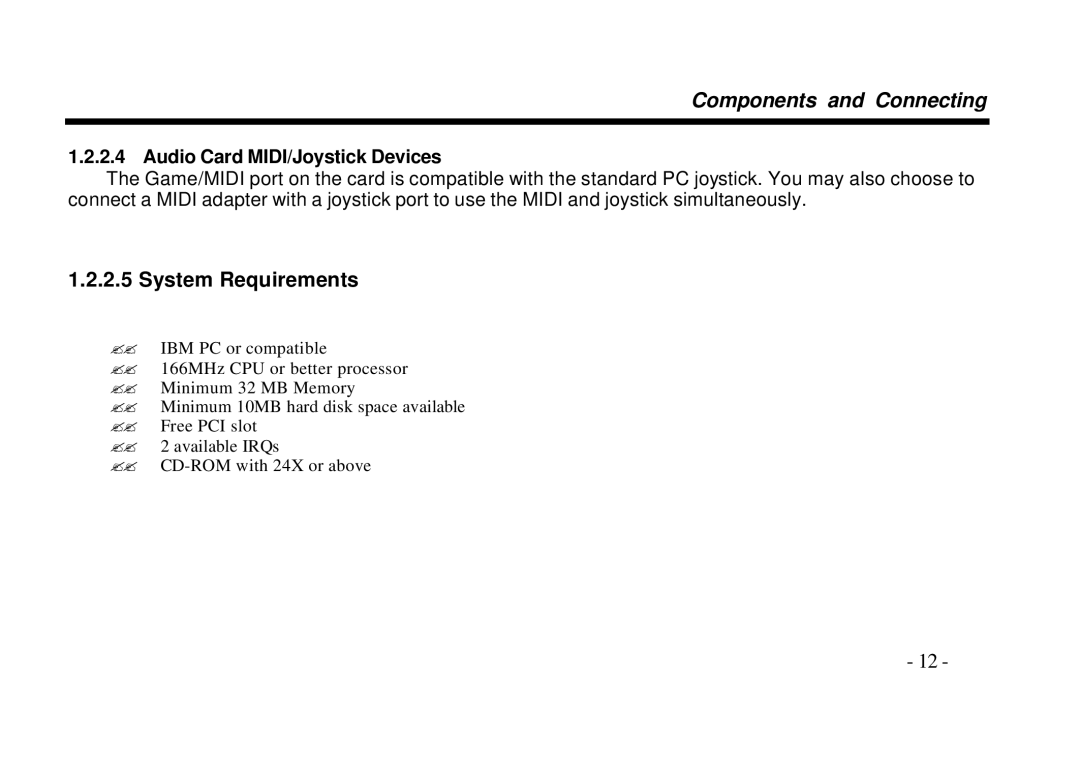 AOpen AW540 Series manual System Requirements, Audio Card MIDI/Joystick Devices 