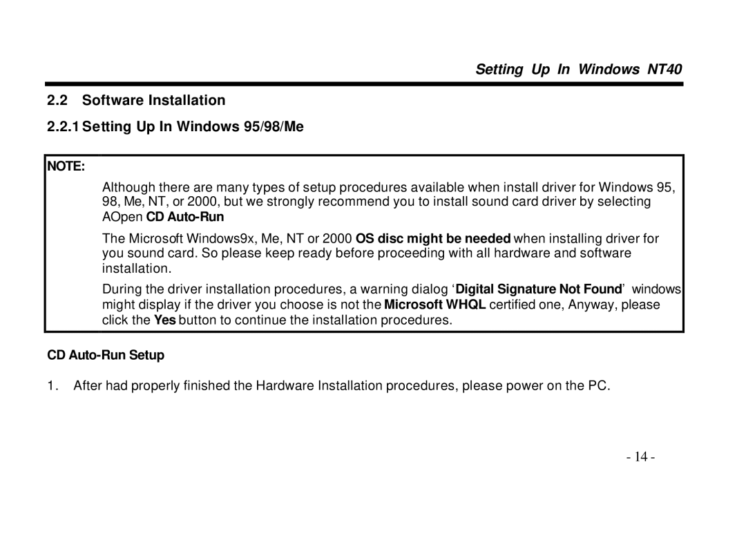 AOpen AW540 Series Setting Up In Windows NT40, Software Installation Setting Up In Windows 95/98/Me, CD Auto-Run Setup 