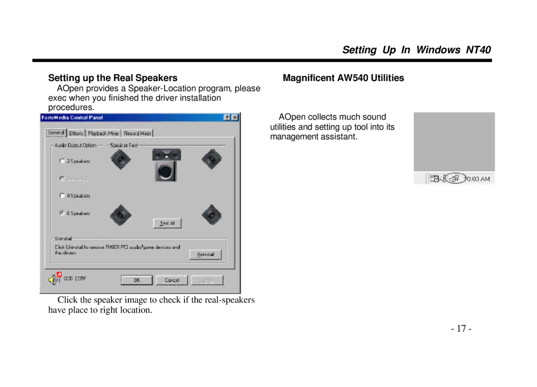 AOpen AW540 Series manual Setting up the Real Speakers, Magnificent AW540 Utilities 